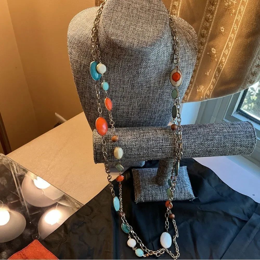 Corals, Blues and White Goldtone Acrylic Stone Necklace